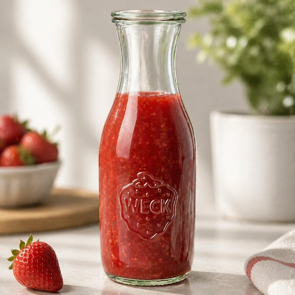 WECK Saftflasche 1062ml gefüllt mit frischem Erdbeersaft auf Küchentheke neben einzelner Erdbeere und Pflanze