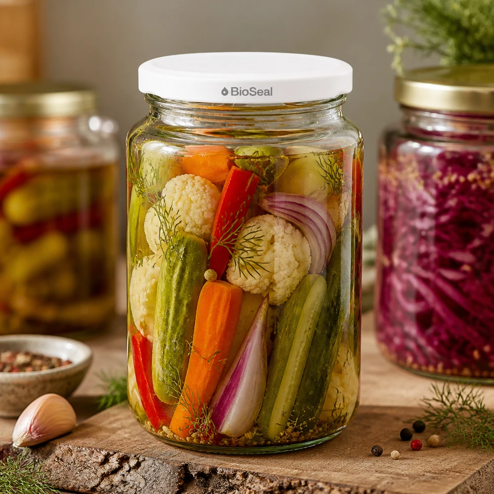 UNiTWIST Runda382 mit weissem Deckel TO66 BioSeal UNiTWIST Runda382 Glas gefüllt mit eingelegtem Gemüse - Mixed Pickles in Einmachglas mit weißem BioSeal Deckel