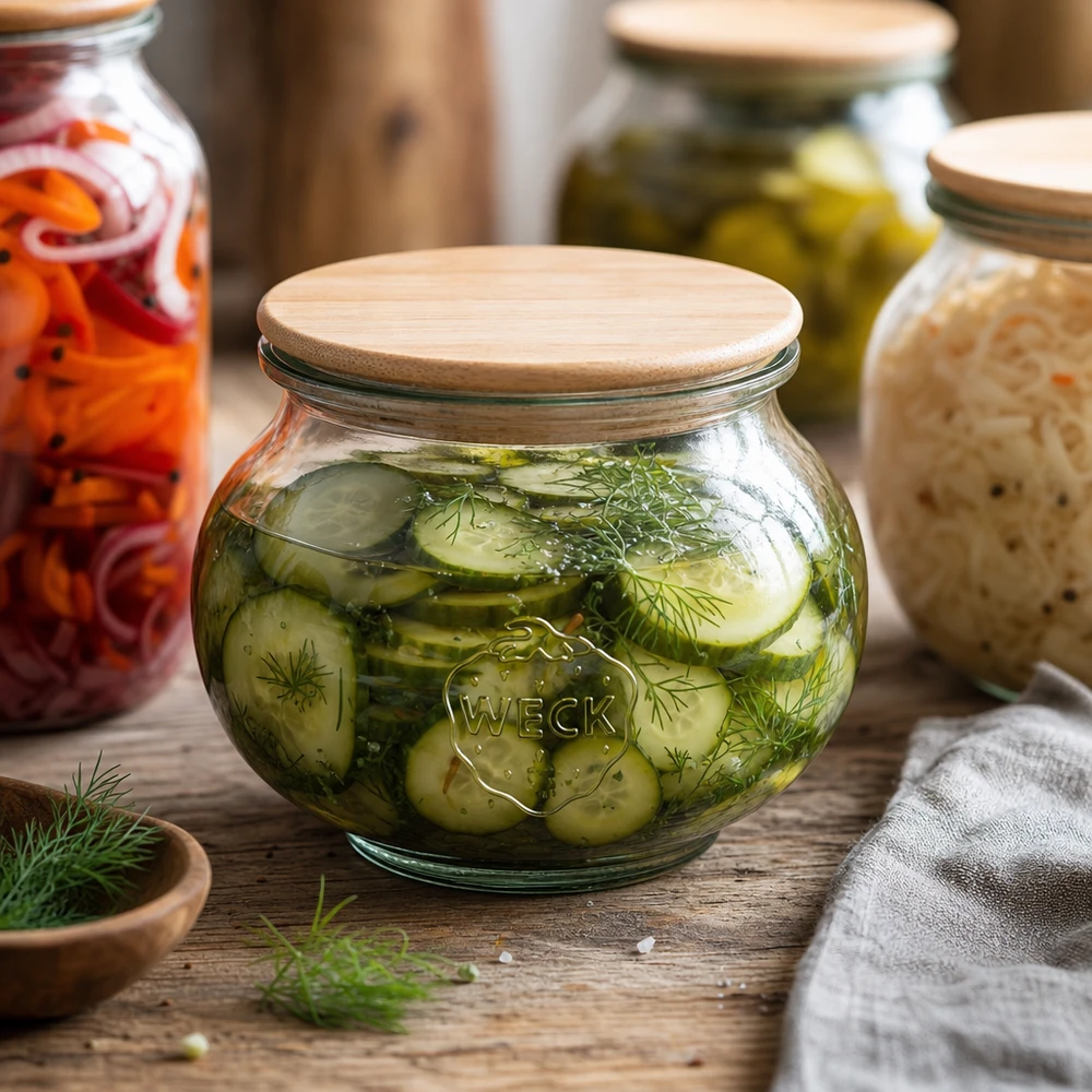 560ml Schmuckglas WECK RR80 mit Holzdeckel WECK Schmuckglas 560ml RR80 mit Holzdeckel gefüllt mit eingelegten Gurken und Dill in rustikaler Fermentier-Küche