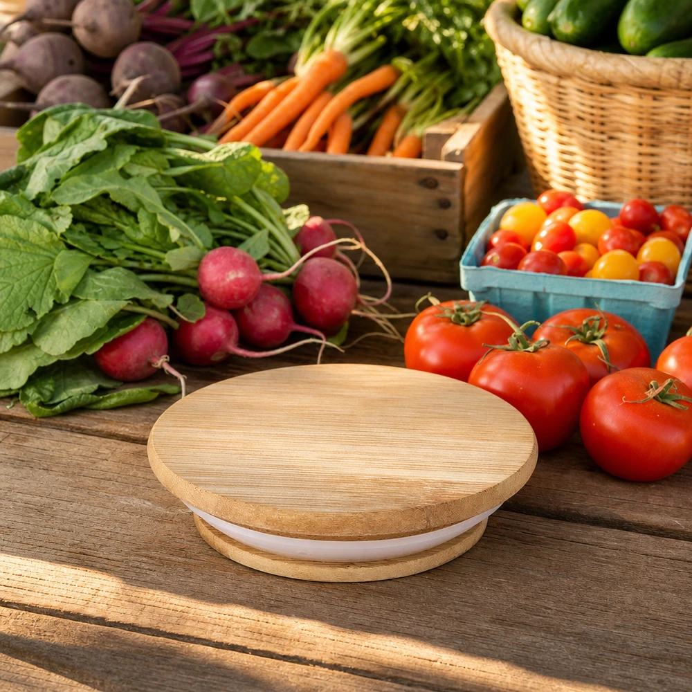Holzdeckel (Buche) unbedruckt für WECK RR40 Holzdeckel WECK RR40 Eiche natur zwischen frischem Gemüse Tomaten Radieschen Karotten natürliche Küchenumgebung