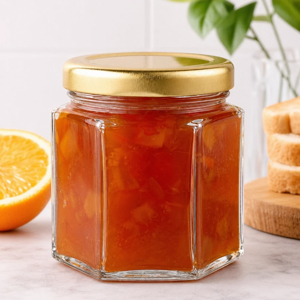 60g Honigglas hexagonal mit Orangenmarmelade gefüllt neben aufgeschnittener Orange und geröstetem Brot