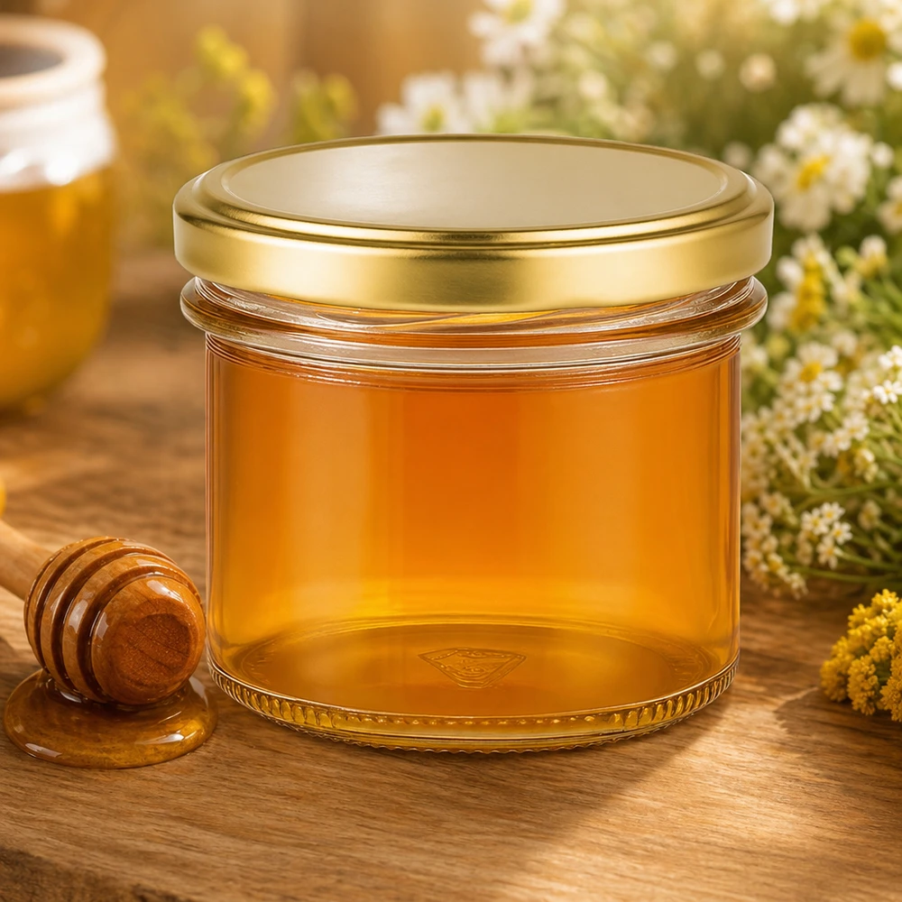125ml Sturzglas mit BasicSeal Deckel gold UNiTWIST 125ml Sturzglas gefüllt mit goldgelbem Honig neben Honiglöffel und Blumen - perfekt für Imkerei und Geschenke
