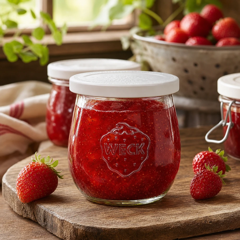 220ml Tulpenglas mit Frischedeckel WECK RR60 WECK Tulpenglas 220ml RR60 mit Erdbeermarmelade gefüllt auf Holzbrett - Einmachglas in rustikaler Küche dekoriert