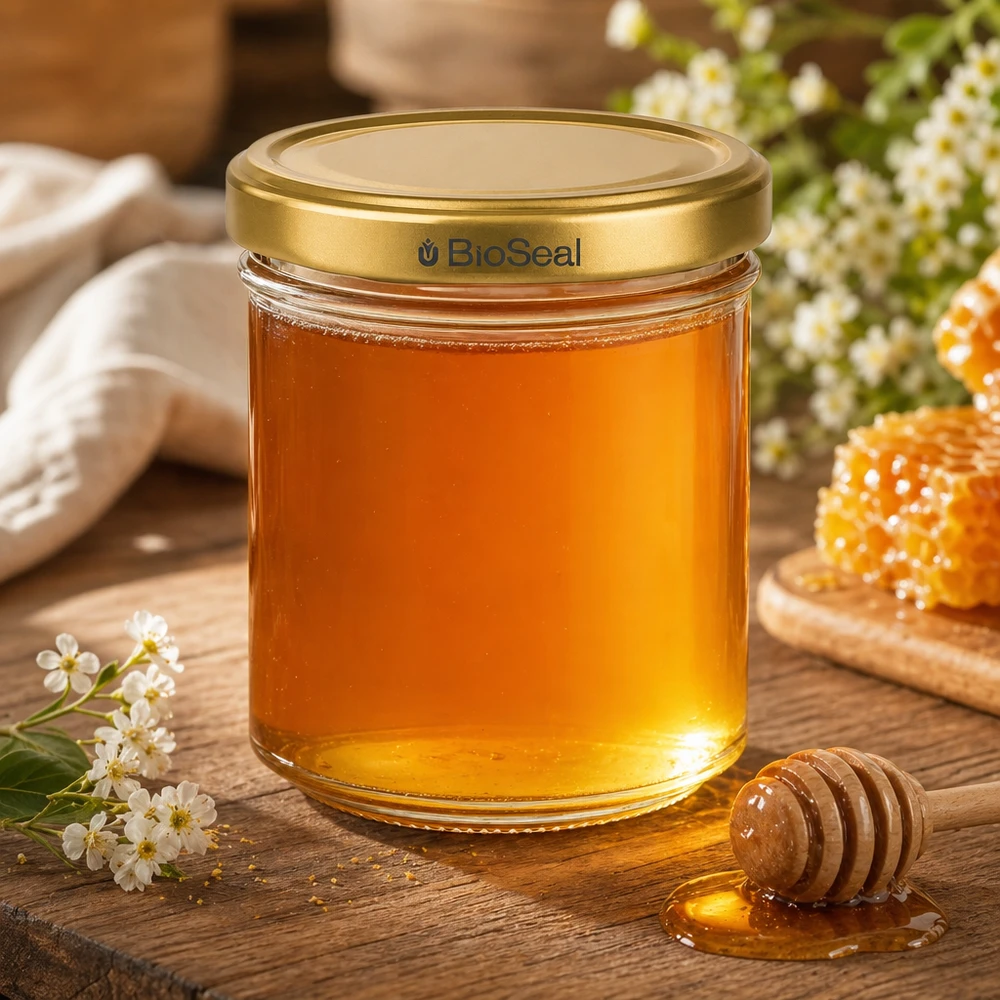 BioSeal 200g Honigglas gefüllt mit goldenem Honig Honiglöffel Bienenwaben Blüten rustikale Holz Dekoration