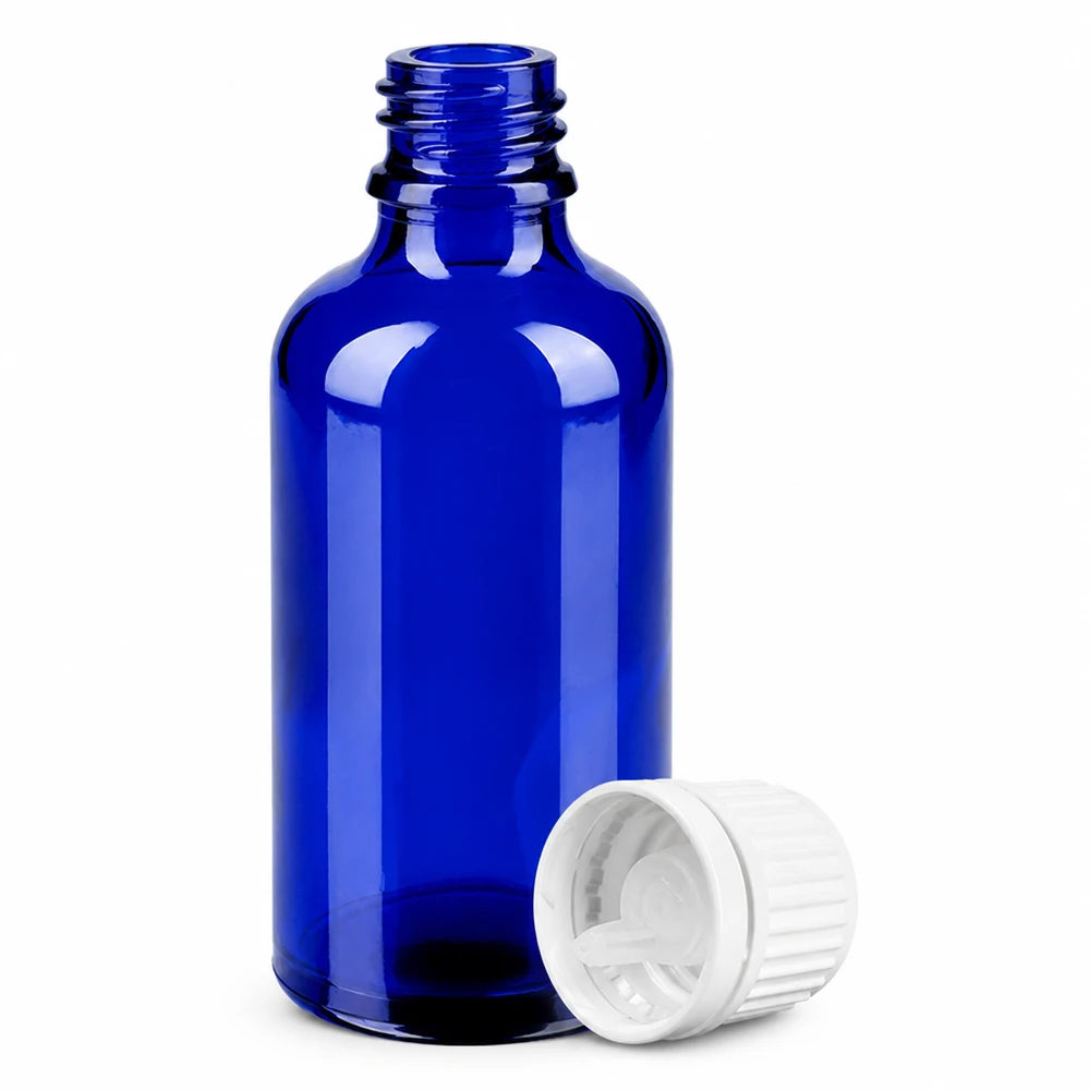 50ml Tropfflasche 0.7mm weiß Originalitätsverschluss BlueLine UT18/50 UV-schützende blaue 50ml Glasflasche mit weißem Schraubverschluss und Tropfeinsatz BlueLine