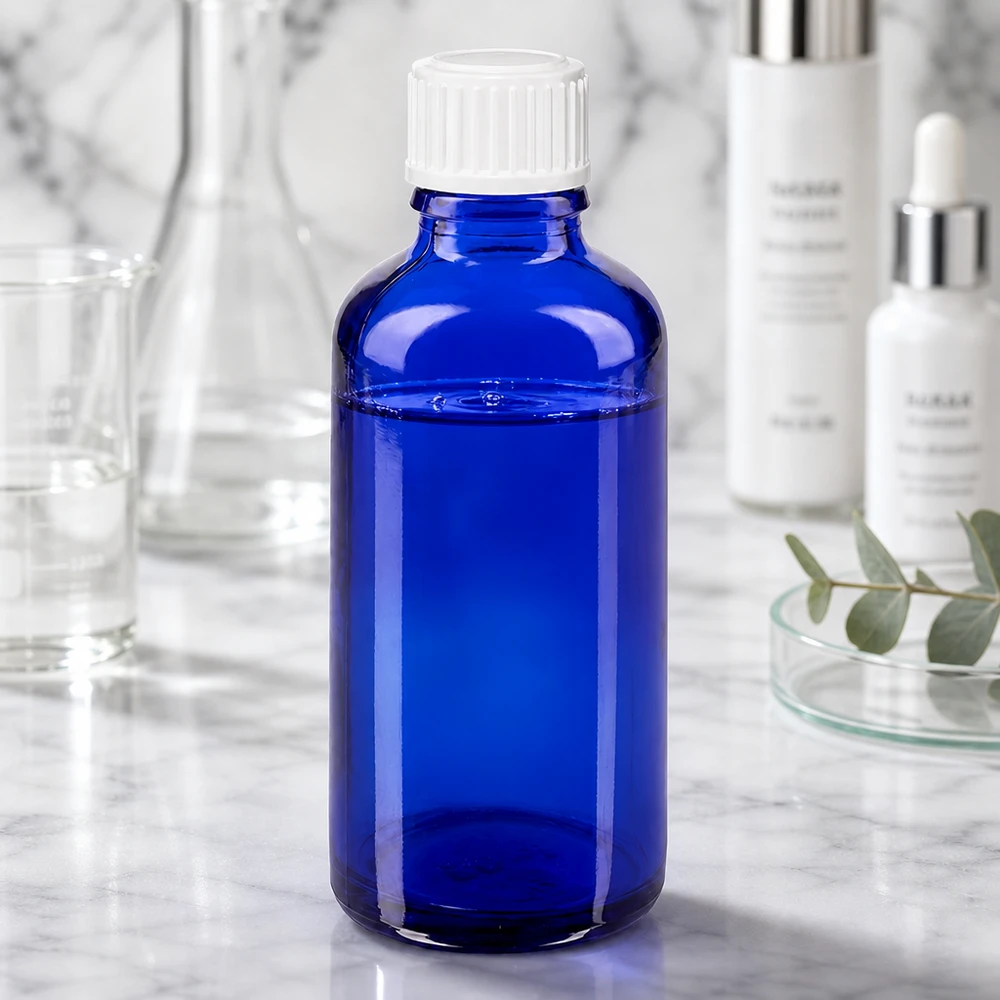 Apothekenflasche blau 50ml Tropfverschluss weiß 0.8mm Standard Apothekerflasche 50ml in Kobaltblau mit weißem Schraubdeckel vor elegantem Marmor-Hintergrund