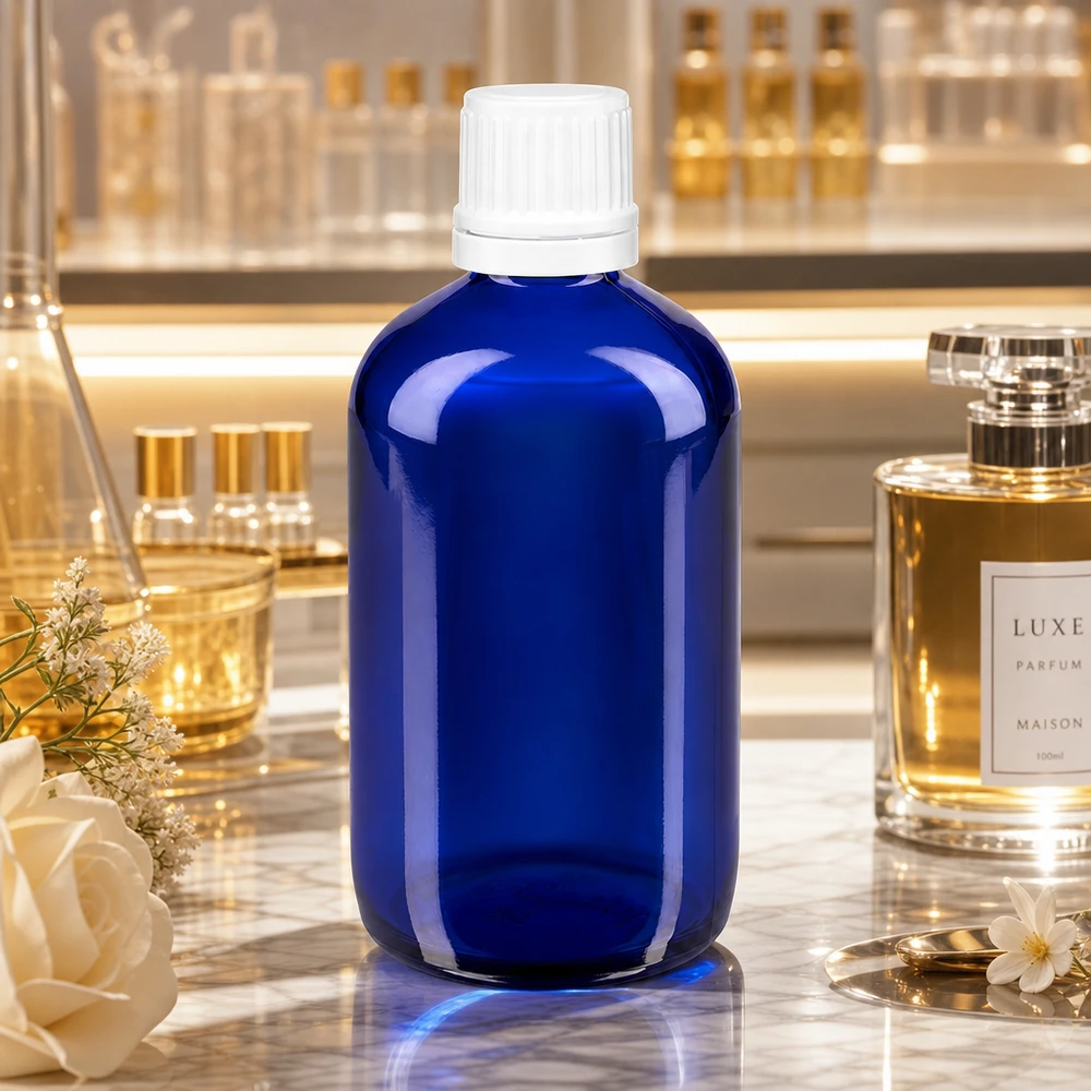 Apothekenflasche blau 100ml Schraubverschluss weiß Originalitätsverschluss Blaue Glasflasche 100ml Apothekerformat mit weißem Originalitätsverschluss für ätherische Öle