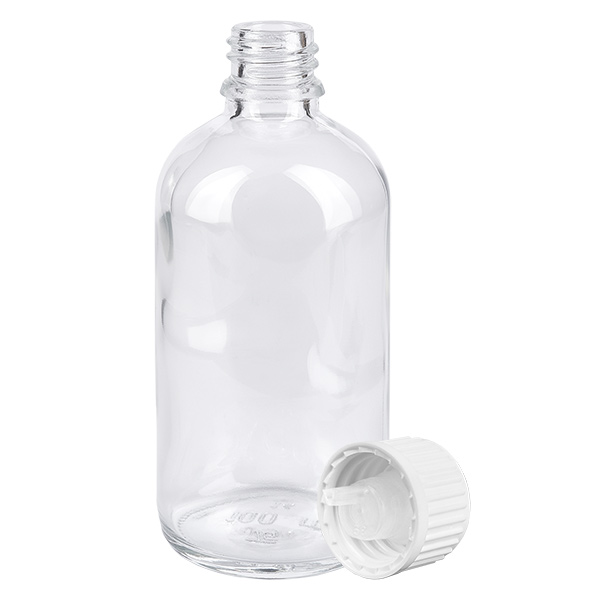 100ml Tropfflasche 0.9mm weiß Standardverschluss ClearLine UT18/100 100ml Glasflasche ClearLine UT18 mit geripptem weißem Kinderschutzverschluss und 0.9mm Tropfer