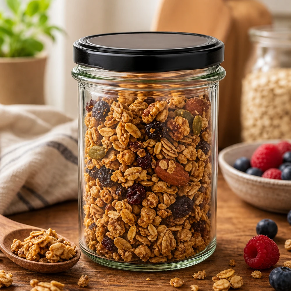 230ml Sturzglas mit BasicSeal Deckel schwarz UNiTWIST 230ml Sturzglas BasicSeal schwarz gefüllt mit Nuss-Mix Müsli zeigt vielseitige Aufbewahrung für Trockenfrüchte Snacks