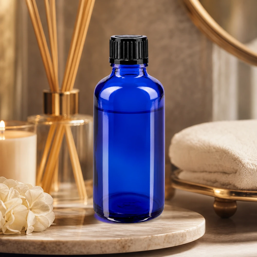 Apothekenflasche blau 50ml Tropfverschluss 1mm schwarz Standard Lichtgeschützte 50ml Tropfflasche kobaltblau mit 1mm Öffnung für Kosmetik und Aromatherapie