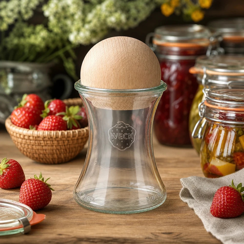 WECK Glas 370ml RR80 Holzkugel Buche Küchenambiente Erdbeeren Marmeladengläser Vorratsbehälter Einkochen