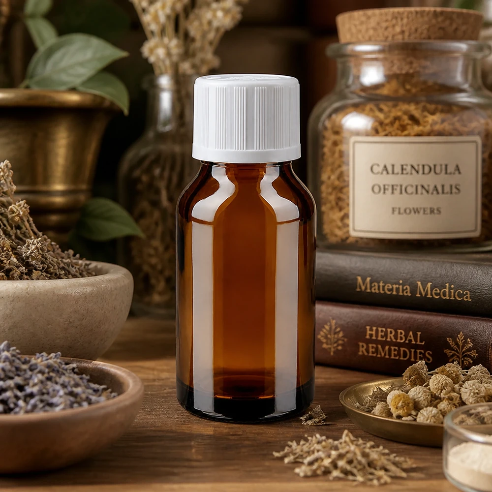Apothekenflasche braun 15ml Schraubverschluss weiß Kindersicherung Standard Heilkräuter Aufbewahrungsflasche Braunglas 15ml weißer Verschluss neben Materia Medica Büchern