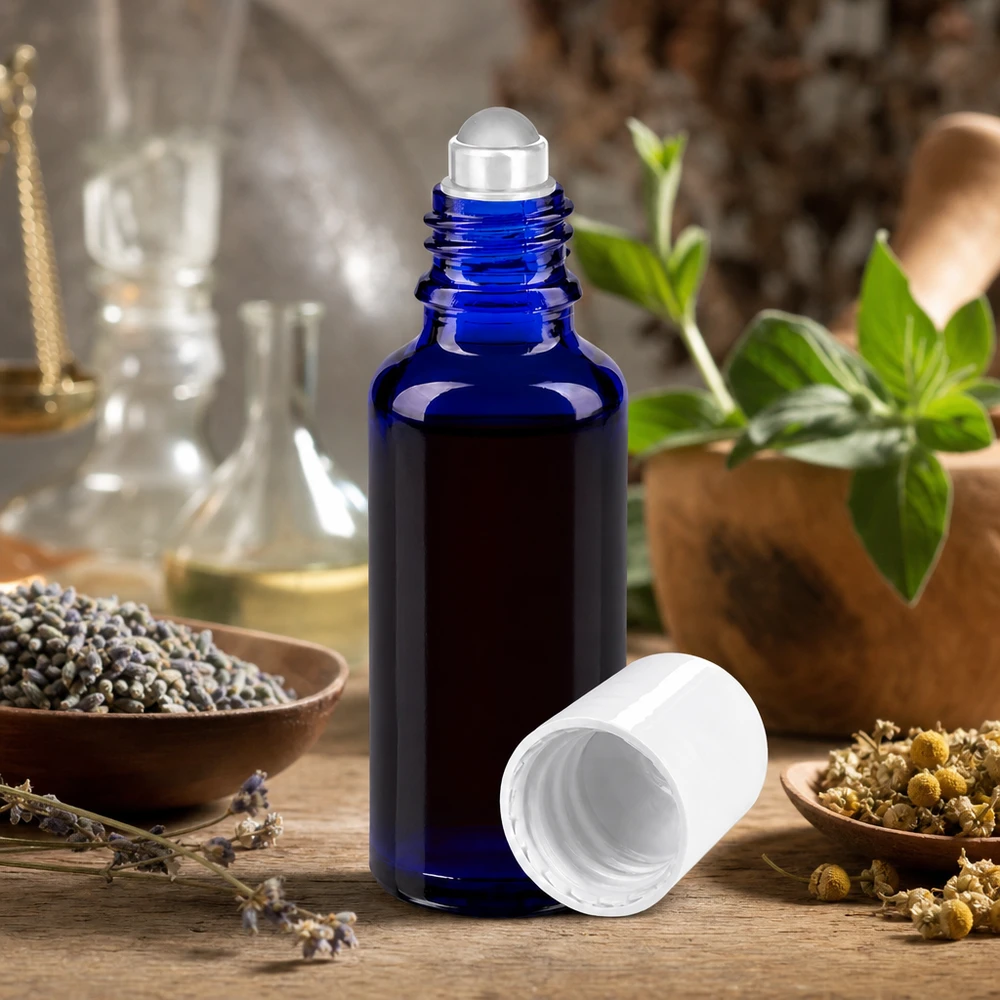 Blaue Apothekerglasflasche 30ml mit Rollkugel für Parfum und Körperöle auf rustikalem Holzuntergrund