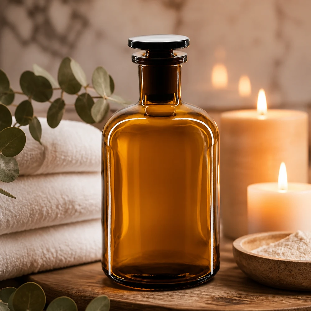 Dekorative Aufbewahrungsflasche 250ml braun Enghals Glasstopfen für Wellness Produkte