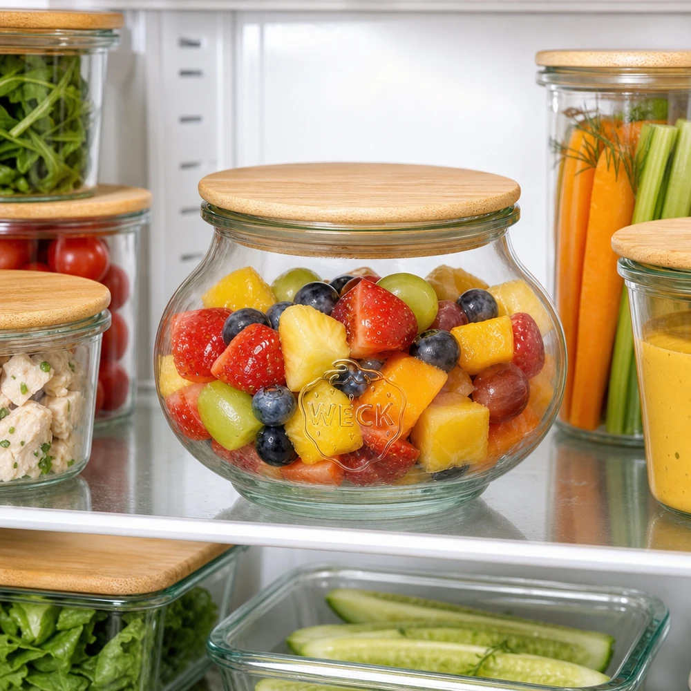 WECK Vorratsglas 560ml RR80 mit Holzdeckel gefüllt mit Obstsalat im Kühlschrank organisierte Lebensmittelaufbewahrung