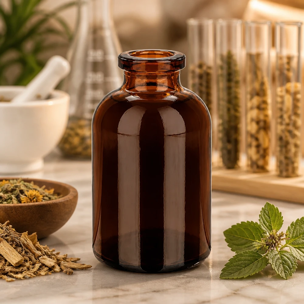 Injektionsflasche Braunglas 30ml Injektionsflasche Braunglas 30ml für Kräuterextrakte auf Marmorunterlage mit Mörser im Hintergrund
