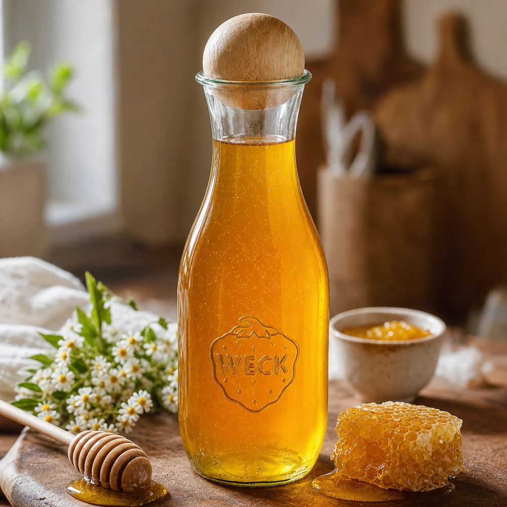1062ml Saftflasche WECK RR60 mit Holzkugel Buche WECK Saftflasche 1062ml mit Honig gefüllt neben Bienenwabe Holzhoniglöffel und Kamillenblüten auf Holztisch