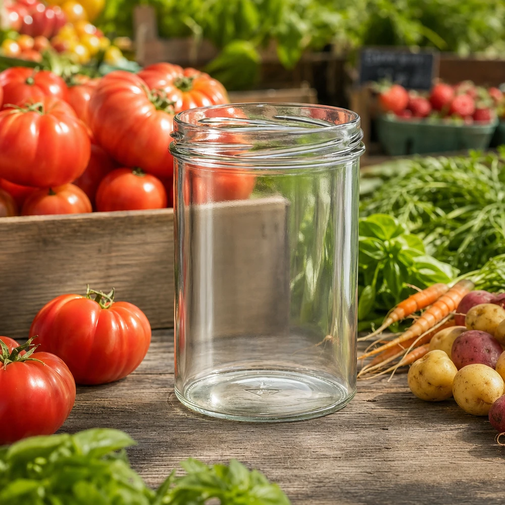 435ml Sturzglas ohne Deckel (TO82) UNiTWIST UNiTWIST Sturz435 Einmachglas 435ml TO82 auf Holztisch mit frischen Tomaten Karotten und Kräutern im Garten