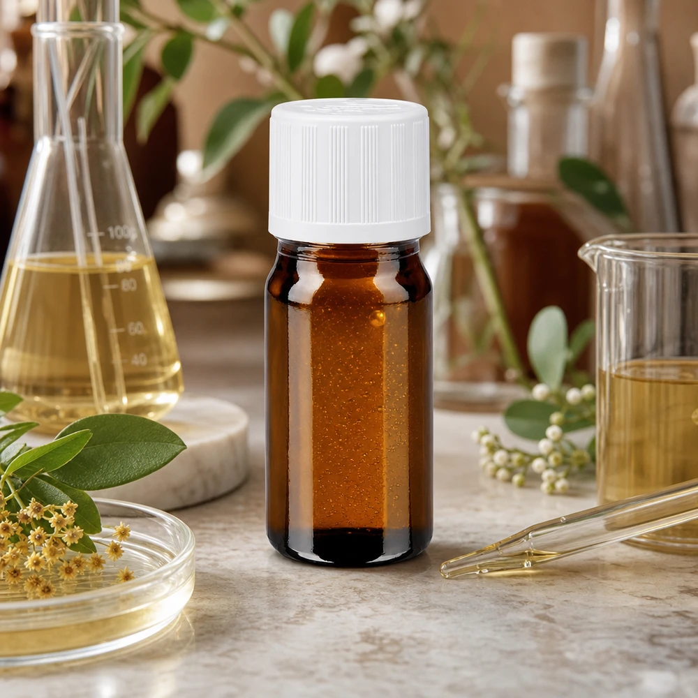 Apothekenflasche braun 5ml Schraubverschluss weiß Kindersicherung Standard Medizinische Braunglas Miniaturflasche 5ml weißer KiSi Deckel 11mm mit botanischen Elementen