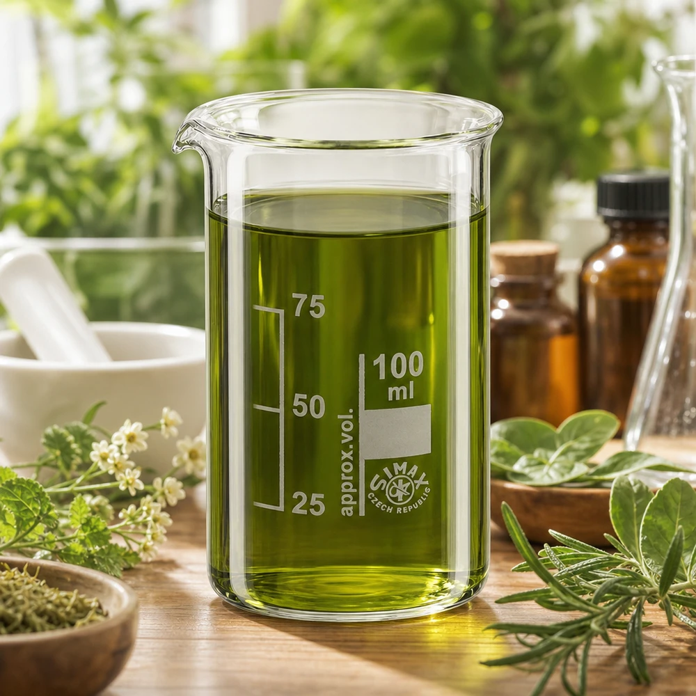 Borosilikatglas Becherglas 100ml hohe Form mit grüner Lösung für phytopharmazeutische Anwendungen