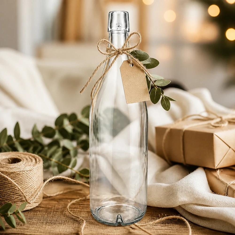1000ml Glasflasche UNiTWIST leer dekoriert mit Juteschnur und Geschenkanhänger als Geschenkidee auf Holzuntergrund