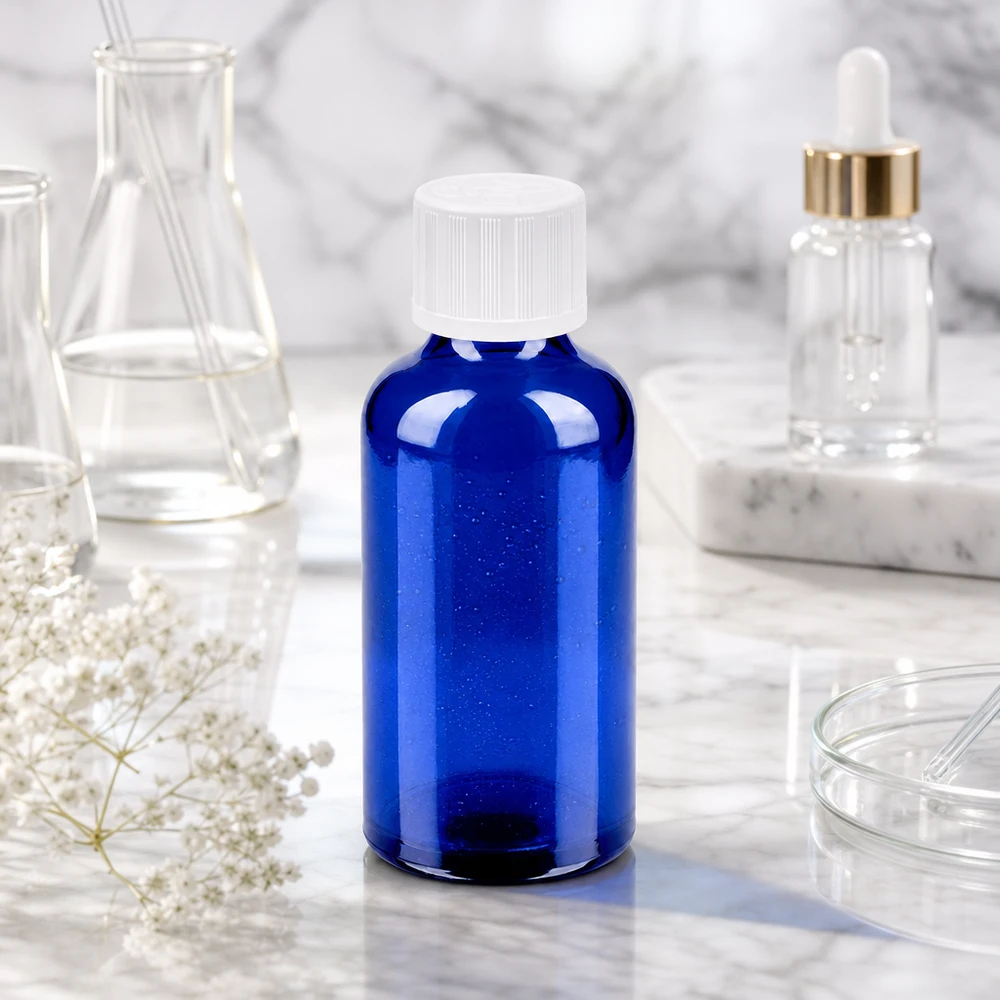 Medizinische 50ml Glasflasche in Kobaltblau mit STD Verschluss für sichere Lagerung von Wirkstoffen