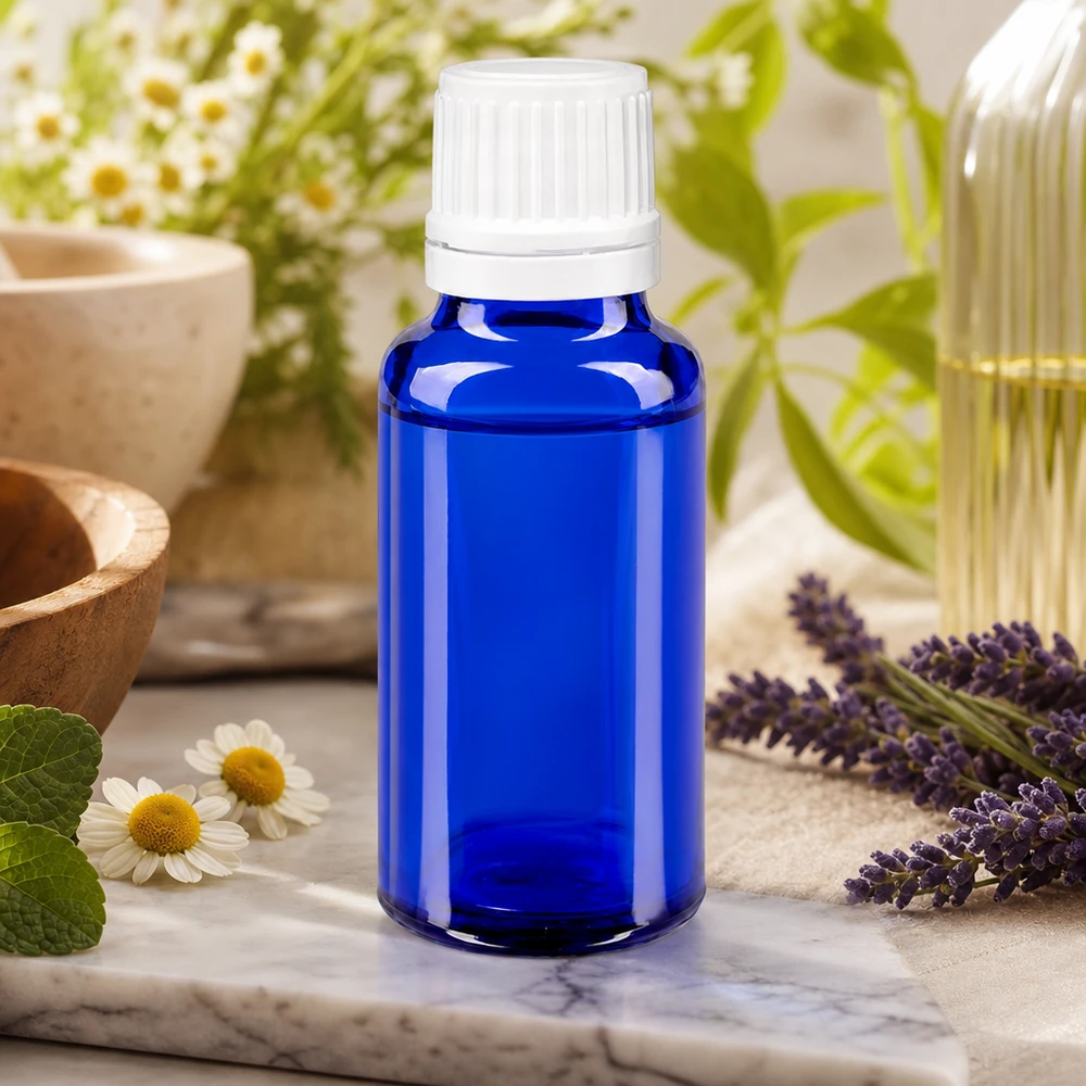 Apothekenflasche blau 20ml Tropfverschluss 1.2mm weiß Originalitätsverschluss Blaue 20ml Glasflasche mit weißem Tropfsystem auf Marmorunterlage neben Heilpflanzen