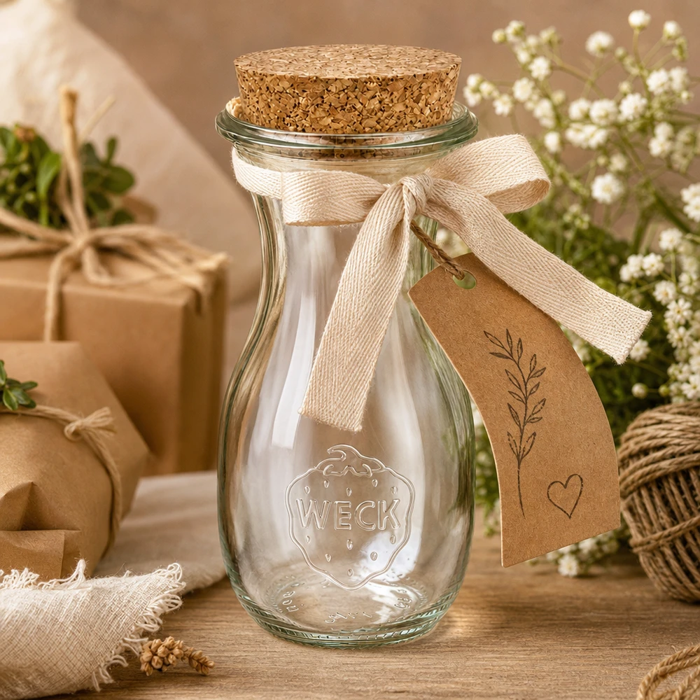 WECK Saftflasche 290ml dekorativ mit Schleife und Geschenkanhänger als Geschenkidee in natürlicher Deko Umgebung