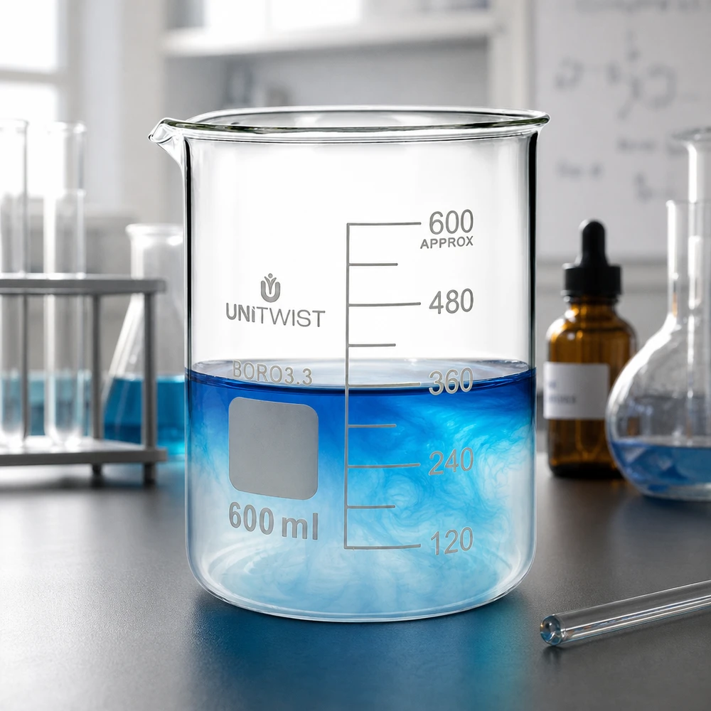 Becherglas 600ml Borosilikat, niedrige Form UNiTWIST UNiTWIST Messbecherglas 600ml niedrige Form mit Glasstab und Tropfflasche im Labor