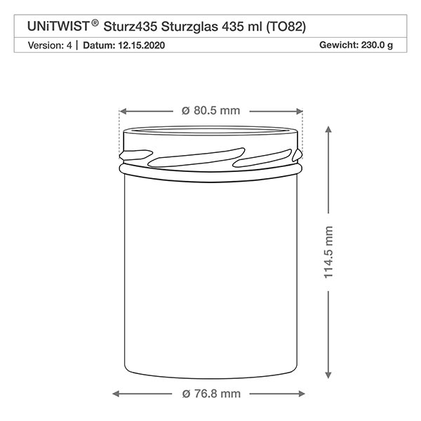 435ml Sturzglas ohne Deckel (TO82) UNiTWIST Technische Zeichnung UNiTWIST Sturz435 Einmachglas 435ml mit Maßangaben Durchmesser 80,5mm Höhe 114,5mm TO82