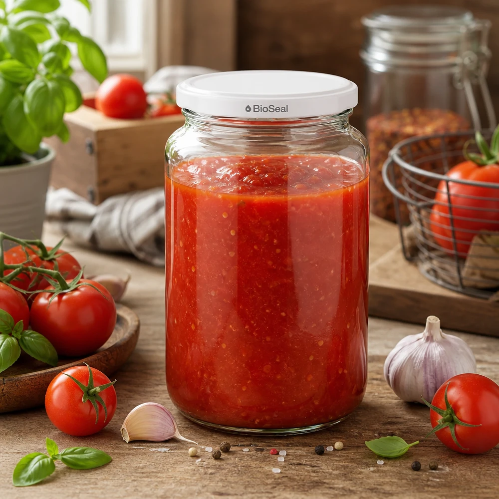 UNiTWIST Runda382 mit weissem Deckel TO66 BioSeal UNiTWIST Runda382 mit hausgemachter Tomatensauce - frische Pasta-Sauce im BioSeal Einmachglas für Küchen-Vorrat