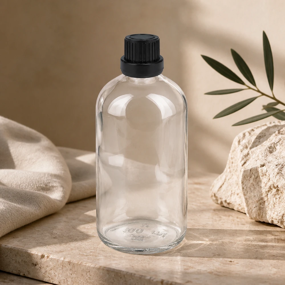 100ml Rundflasche Klarglas schwarzer Tropfverschluss 2mm Öffnung für Öle und Tinkturen ClearLine