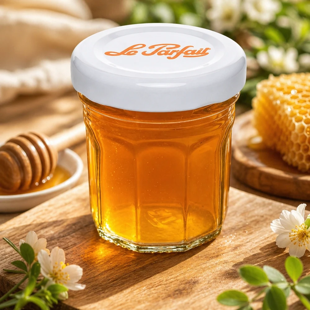 44ml Mini-Sturzglas "Jam" mit Schraubdeckel Le Parfait® Le Parfait Mini-Sturzglas 44ml mit Honig gefüllt neben Waben und Honiglöffel auf Holztisch mit Blütendeko