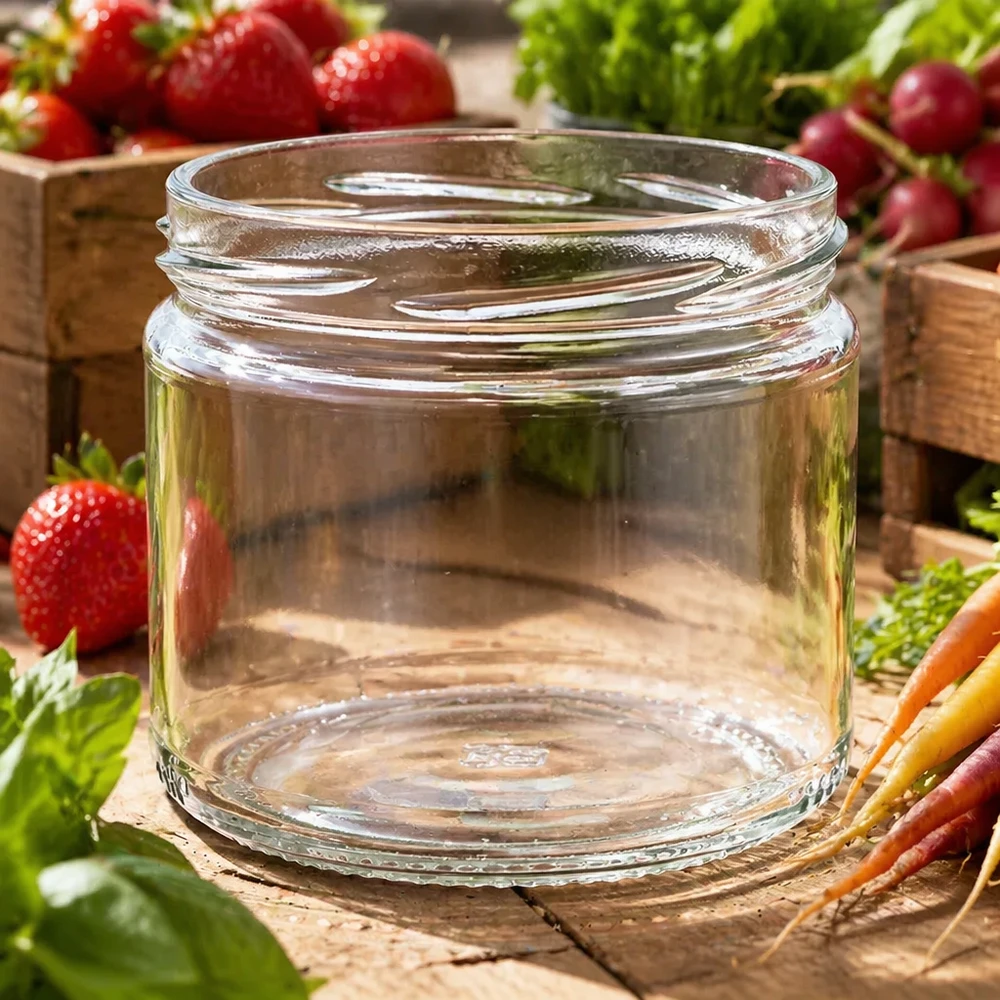 330ml Rundglas ohne Deckel (TO82) UNiTWIST UNiTWIST Runda330 Rundglas 330ml TO82 leer auf Holzbrett mit frischem Gemüse Erdbeeren Karotten Radieschen arrangiert