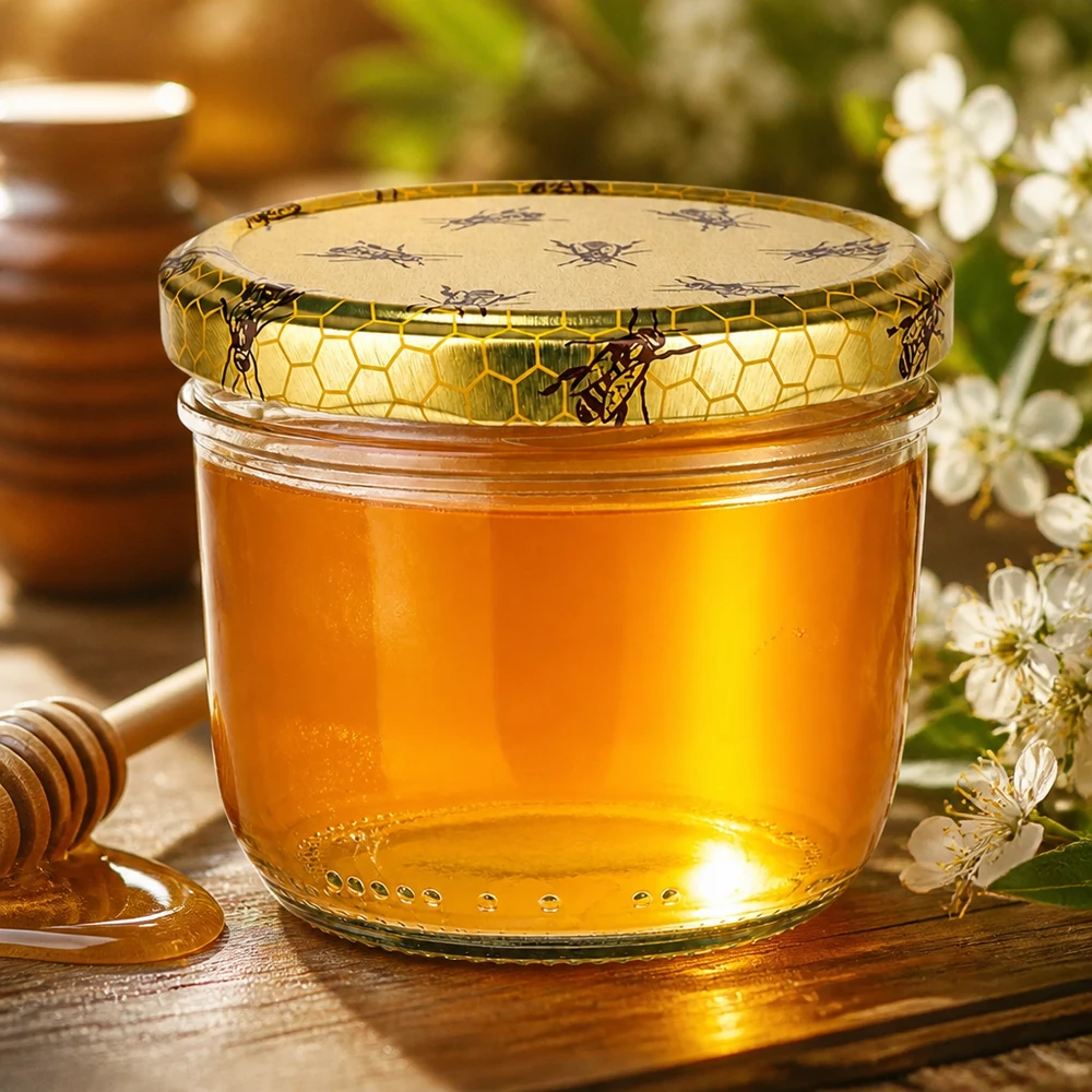 230ml Sturzglas + BasicSeal Deckel Bienenwabe UNiTWIST Sturzglas 230ml mit Bienenwaben-Deckel voller goldener Honig neben Honiglöffel und weißen Blüten auf Holztisch