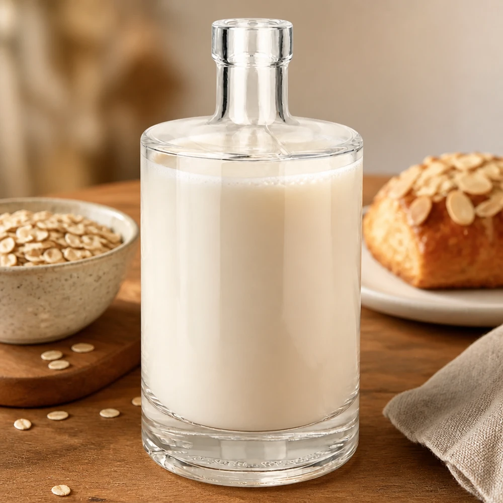 500ml Glasflasche "Galileo" ohne Verschluss UNiTWIST® 500ml Glasflasche Marie mit Hafermilch gefüllt neben Haferflocken und Brot zeigt Vielseitigkeit für Milchalternativen