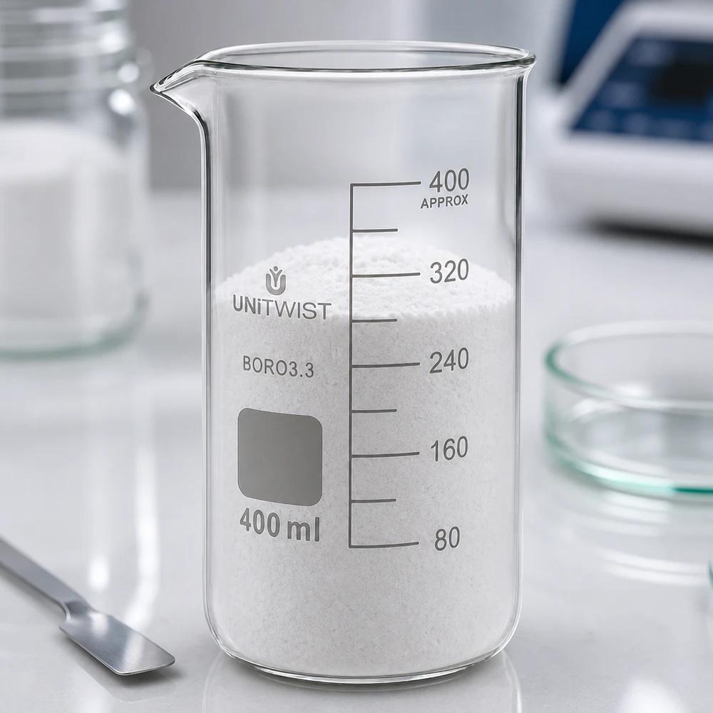 400ml Becherglas hohe Form Borosilikatglas 3.3 mit Pulver auf professionellem Laborarbeitsplatz