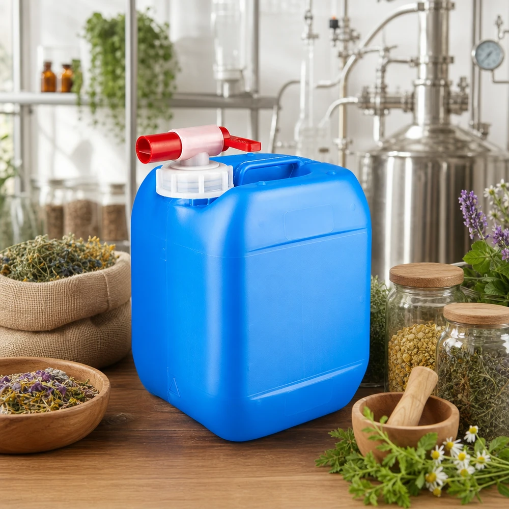 Kanister 5 Liter blau mit Auslaufhahn HDPE Kanister 5 Liter blau mit Griff und rotem Ablasshahn für Naturextrakte und Pflanzenwässer