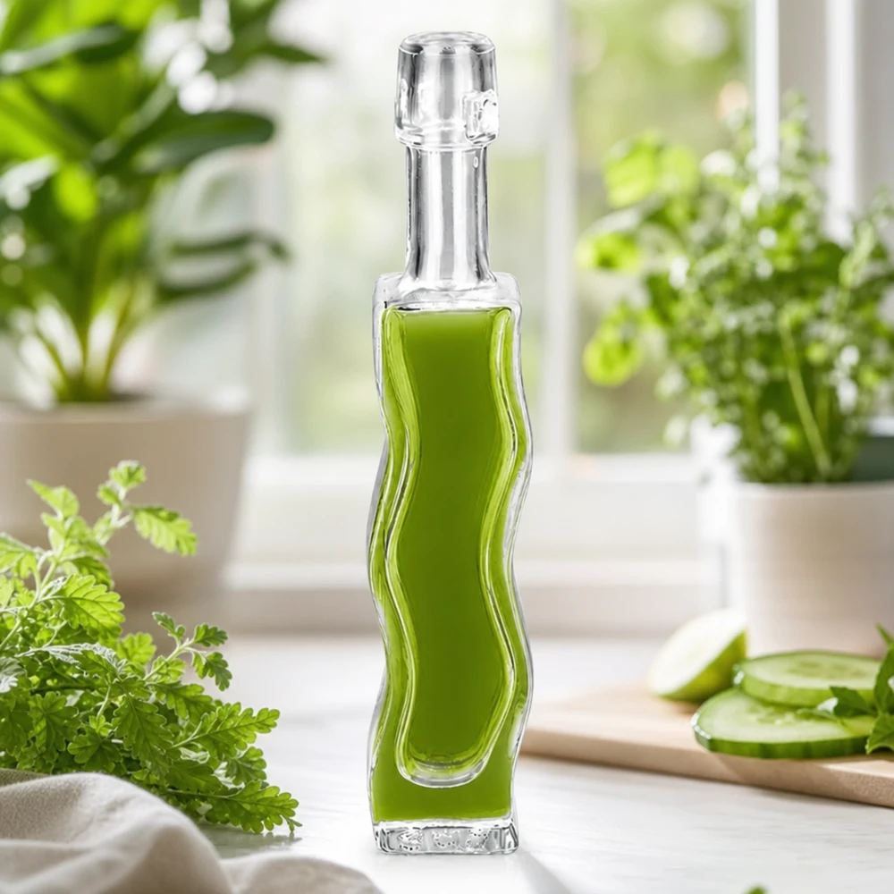 40ml Glasflasche "Anna" ohne Bügelverschluss UNiTWIST 40ml Glasflasche Anna mit grünem Kräuterextrakt befüllt Petersilie-Deko helle Fensterbank Naturkosmetik-Ambiente
