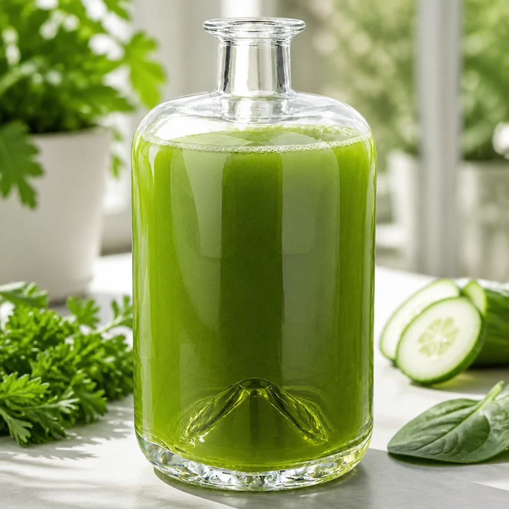 700ml Apothekenflasche "Classic" ohne Verschluss UNiTWIST® 700ml Glasflasche Sofia mit grünem Smoothie befüllt neben Gurke Petersilie und Spinat gesunde Ernährung Szene