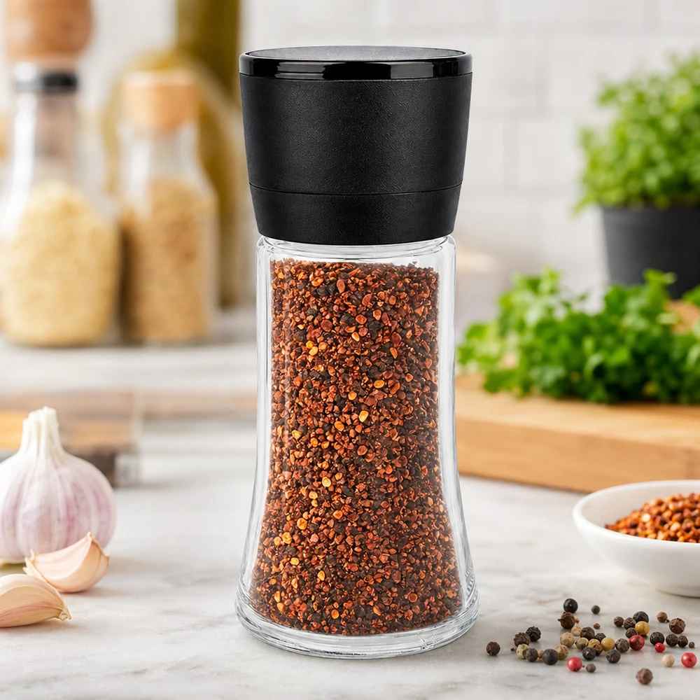 Kleine Tischgewürzmühle 95ml aus klarem Glas mit mattschwarzem Mahlwerk für Chili