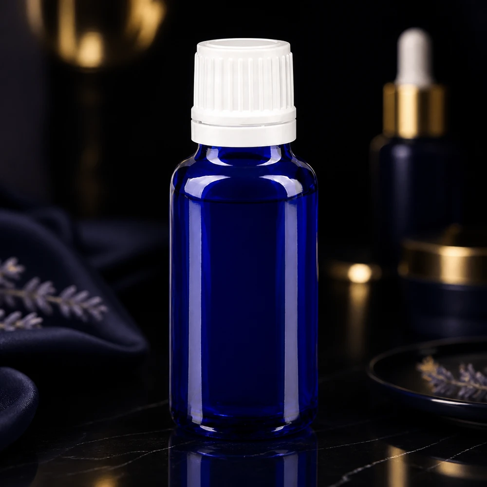 Apothekenflasche blau 20ml Tropfverschluss 1.2mm weiß Originalitätsverschluss Lichtschutzflasche aus blauem Apothekerglas 20ml mit weißem Manipulationssicherem Verschluss