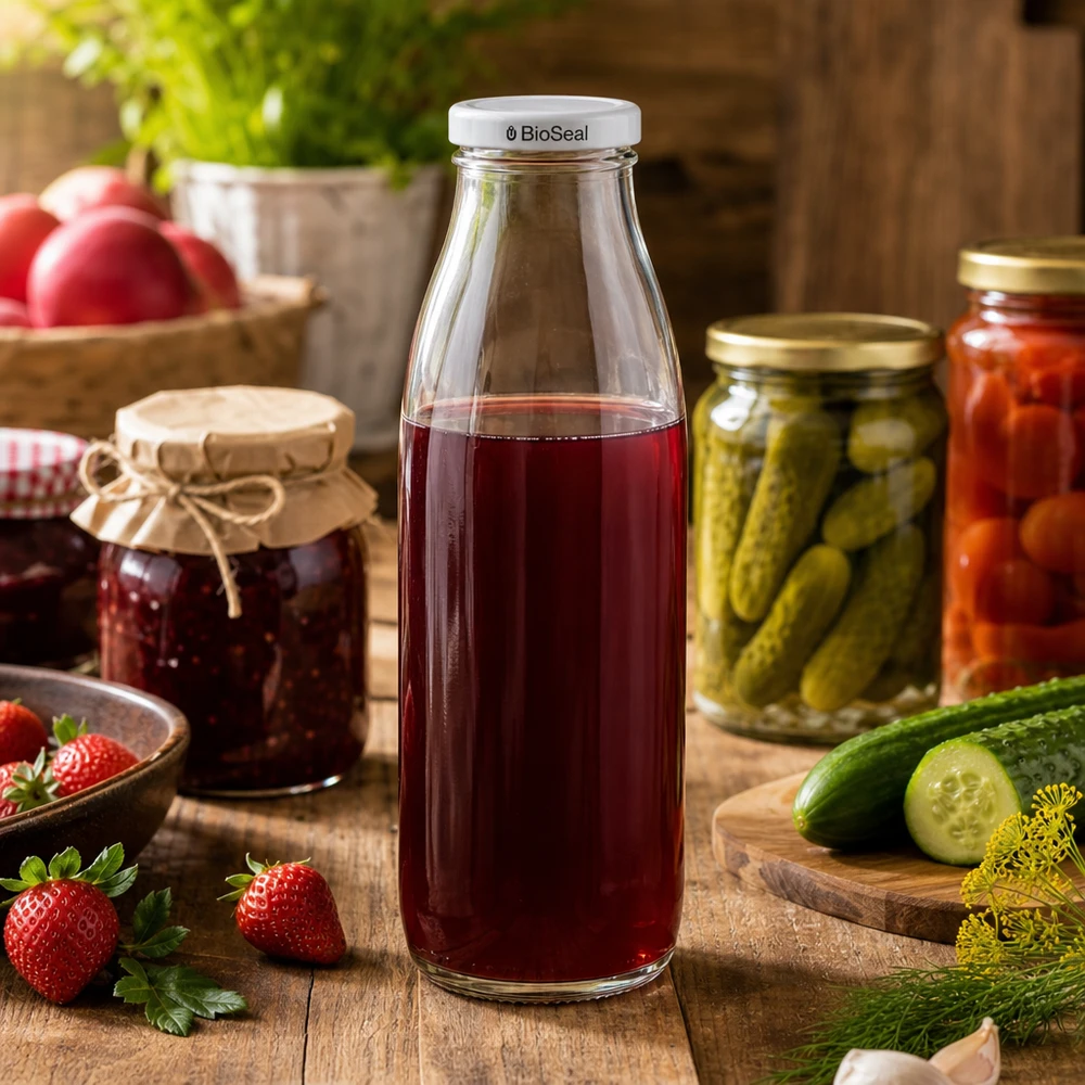 500ml Glasflasche mit rotem Saft befüllt, BioSeal Deckel weiß, umgeben von Einmachgläsern und frischen Gurken