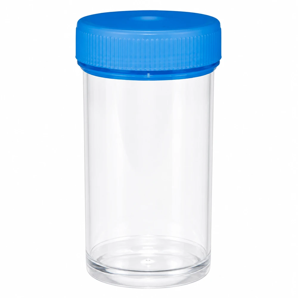 Universal Kunststoffdose (Pathogefäss) 50ml Sterile Kunststoffdose 50ml mit geripptem blauen Deckel für sichere Probenaufbewahrung
