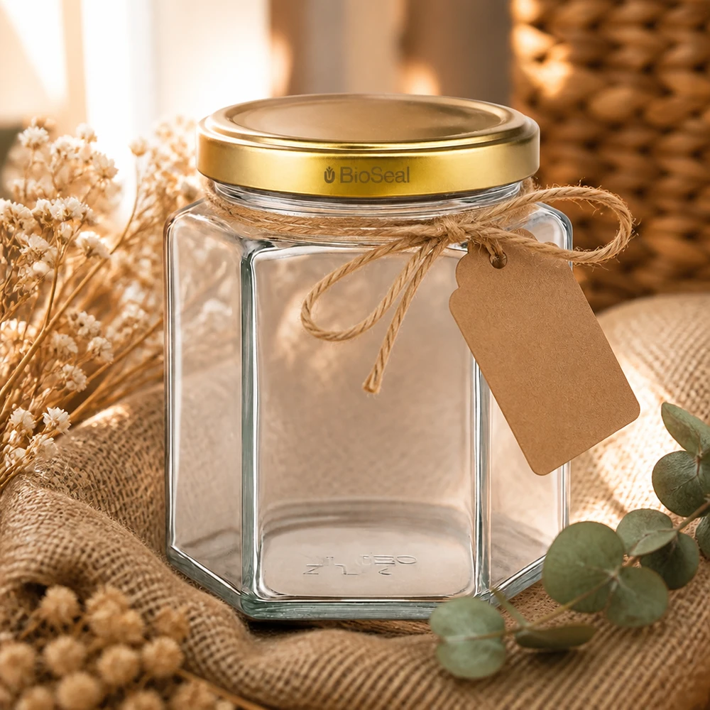 390ml Hexaglas mit BioSeal Deckel gold UNiTWIST UNiTWIST Hexa390 leeres Glasgefäß mit goldenem BioSeal Deckel und Geschenkanhänger in natürlicher Deko-Szene