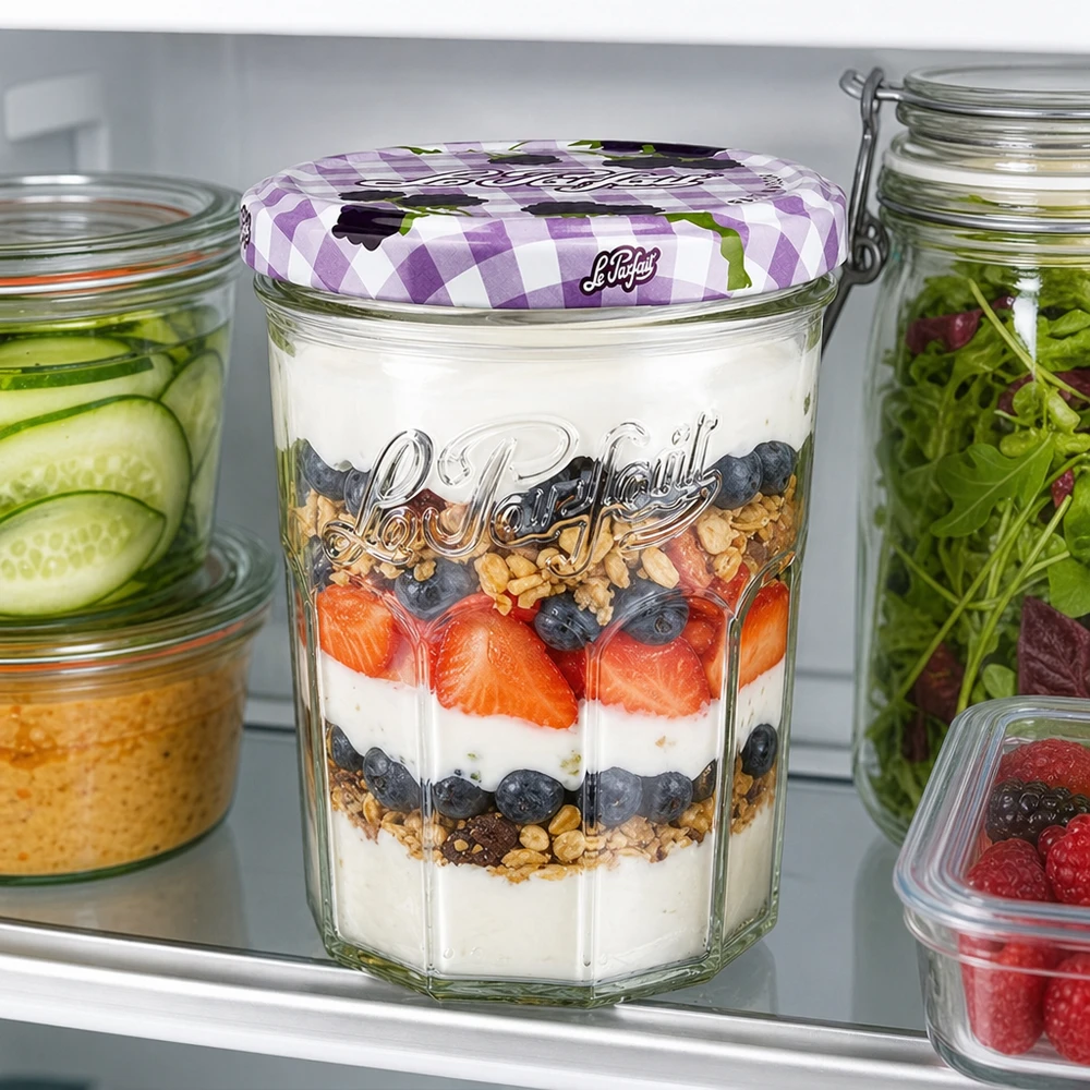 385ml Sturzglas "Jam" mit Schraubdeckel Le Parfait® Le Parfait Sturzglas 385ml mit Joghurt-Beeren-Parfait im Kühlschrank zeigt vielseitige Verwendung als Vorratsglas