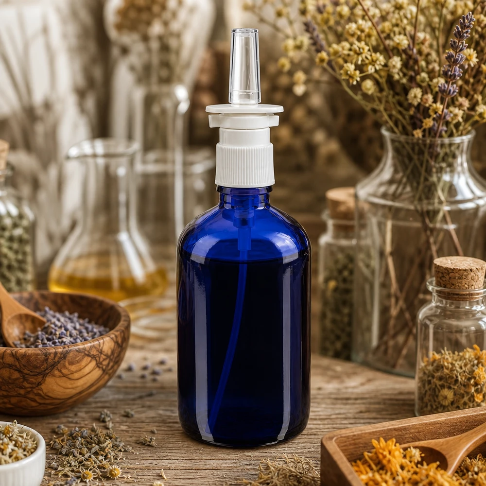 100ml blaue Glasnasensprayflasche mit transparenter Applikatordüse in natürlichem Kräuterumfeld