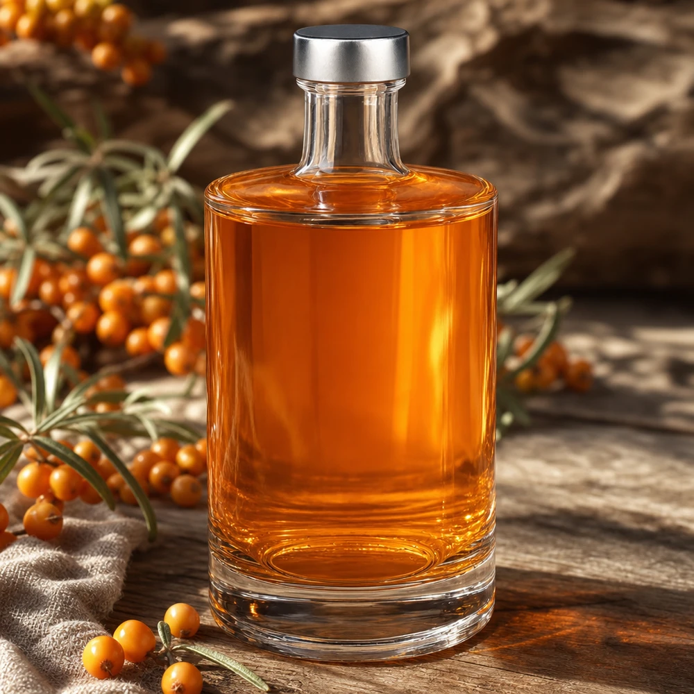 500ml Glasflasche "Sam" + Schraubverschluss silber UNiTWIST 500ml Glasflasche Sam mit bernsteinbrauner Spirituose zwischen Sanddorn Beeren natürliche Dekoration Produktinszenierung