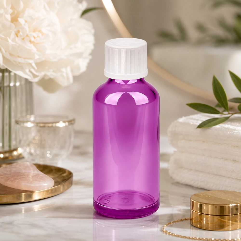 50ml Tropfflasche 1.2mm weiß Standard Kindersicher PurpleLine.UT18/50 50ml Tropfflasche in elegantem Purple Design mit weißem Schraubverschluss für Beauty-Produkte