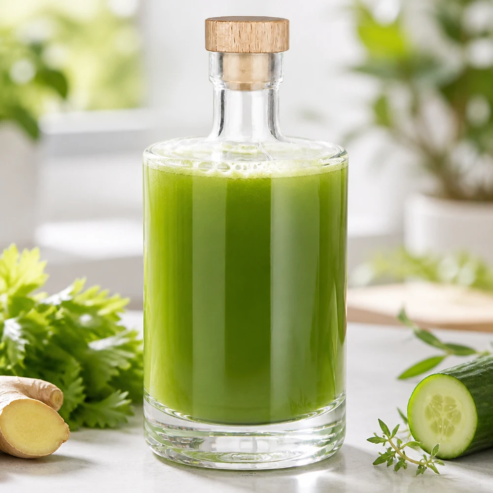 500ml Glasflasche "Marie" mit Holzgriff-Korken UNiTWIST 500ml Glasflasche Marie mit grünem Gemüsesaft gefüllt - Holzkorken Verschluss - Lifestyle Foto mit Gurke und Ingwer